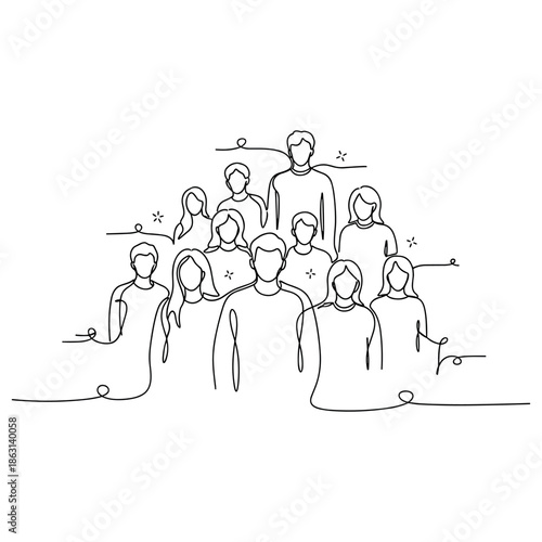 Diverse group of individuals - linear illustration of mixed genders and races, no editable stroke