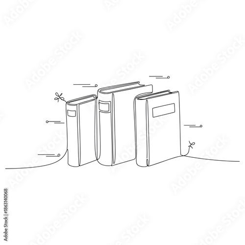 Minimalist line art of three books with string and pins detail, no editable stroke