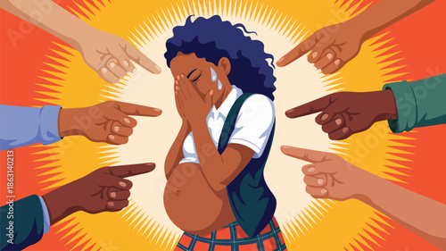 A dark skinned pregnant teenager cries openly while being shamed by multiple pointing hands