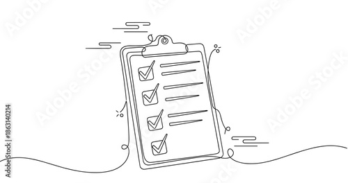 Continuous line art of checklist on clipboard with check marks, no editable stroke