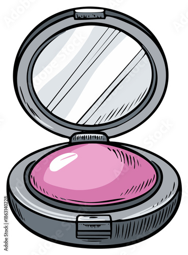 Open Makeup Compact with Pink Blush and Mirror Illustration in Cartoon Style