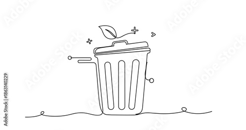 Line art of trash can with growing plant symbolizing eco-friendly concepts, no editable stroke