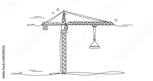 Continuous line drawing: tower crane lifting concrete block in urban construction scene, no editable stroke