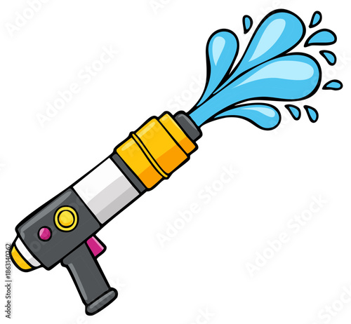 Cartoon Water Gun Shooting Water Splashes Summer Fun Playful Colorful Illustration