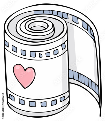 Cartoon roll of film with heart symbol. Film roll for photo. Cartoon vintage filmstrip. Developing love for photography