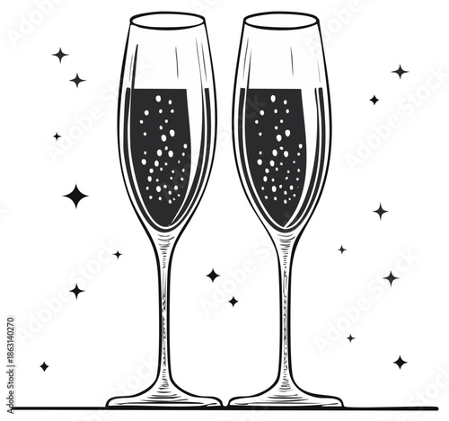 Two champagne flutes filled with bubbly, sparkling liquid, and star illustrations.