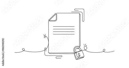 Secure document with padlock icon and abstract line art, no editable stroke