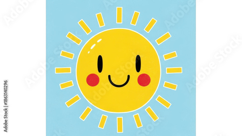 Kawaii smiling sun character illustration, cute yellow sunshine with rosy cheeks, happy cartoon sun on blue background, cheerful summer weather icon