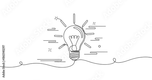 Continuous line art of light bulb with creative elements, no editable stroke