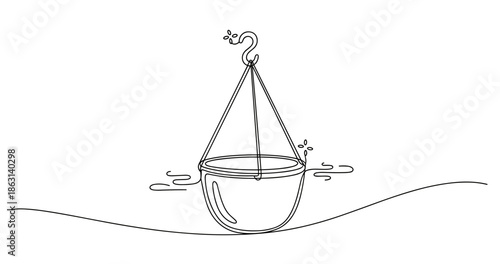 Minimalist line art of hanging cauldron on hook with steam, no editable stroke