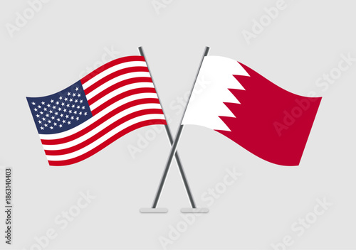 United States and Bahrain vector flags crossed in simple 2D flat design