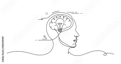 Abstract line drawing of human profile with brain as light bulb concept, no editable stroke