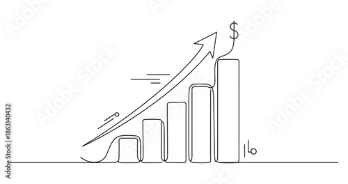 Line drawing of financial growth graph with rising bar chart and dollar sign, no editable stroke