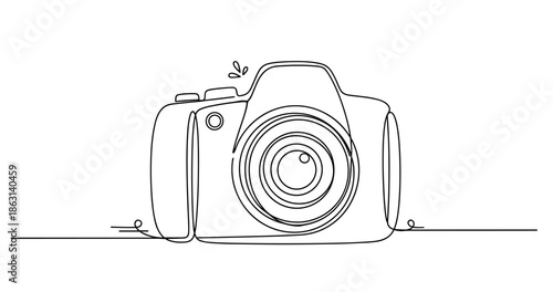 Black and white illustration of dslr camera with artistic line art design, no editable stroke