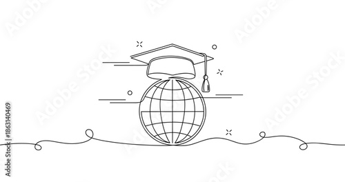 Global education concept: graduation cap on globe illustration, no editable stroke