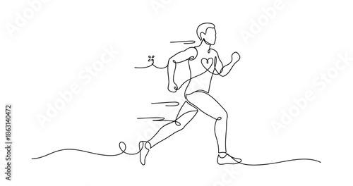 Continuous line drawing of male runner with heart symbol, no editable stroke