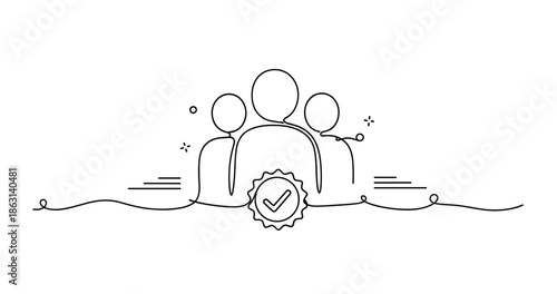 Teamwork concept with three abstract figures and verified checkmark symbol, no editable stroke