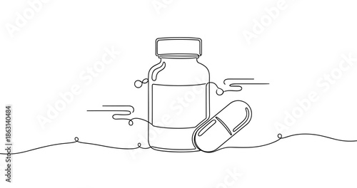 Minimalist line art of medicine bottle and capsule on white background, no editable stroke