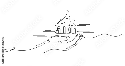 Continuous line art of hand holding cityscape and graph illustrating growth, no editable stroke
