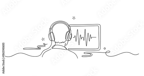 Line art of person with headphones editing audio on computer, no editable stroke