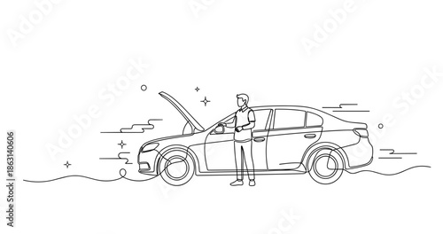 Male checking engine of a car with open hood on a clear day, no editable stroke