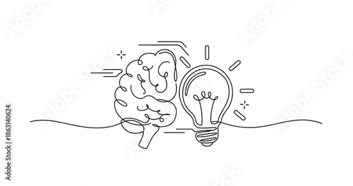 Creative brainstorming: minimalist brain and lightbulb line art, no editable stroke