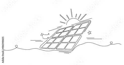 Minimalist solar panel illustration with sun and waves, no editable stroke