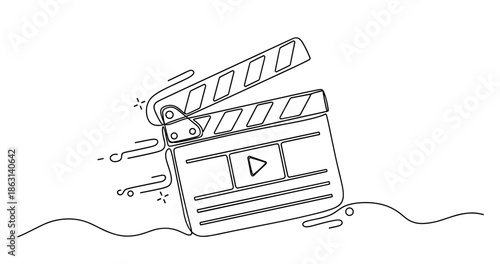Illustrated movie clapperboard with play button icon on white background, no editable stroke