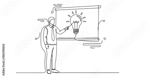 Continuous line art of adult caucasian male presenting lightbulb idea concept, no editable stroke