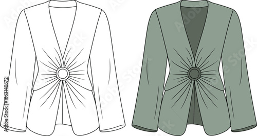 Women blazer technical flat sketch vector illustration front view long sleeve gathered waist ring detail fashion apparel cad drawing design