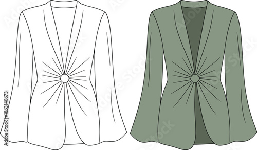 Women blazer technical flat sketch vector illustration front view long sleeve draped waist detail fashion apparel cad drawing design template