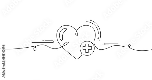 Continuous line heart design with medical cross symbol, no editable stroke