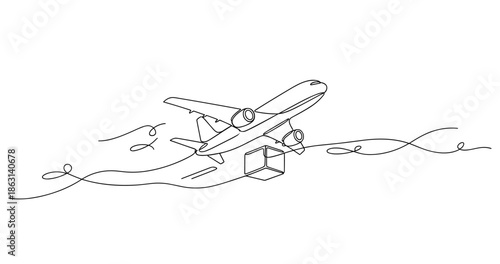 Airplane delivering package in continuous line art, no editable stroke