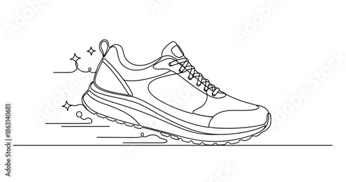 Line art illustration of a modern running shoe with sparkling accents, no editable stroke