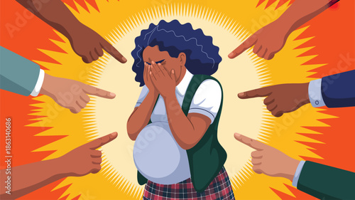 A distraught pregnant student in uniform weeps as many hands point fingers of accusation