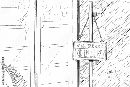 line drawing of a yes we're open sign , vintage restaurant sign , Open sign in street cafe	
