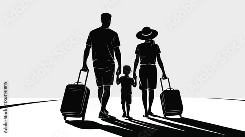 A family silhouette with mother, father, and child walking away with luggage for a trip