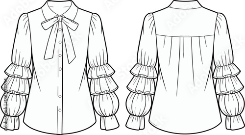 Women blouse technical fashion flat sketch, front back view, ruffle sleeve shirt design, bow collar top, cad drawing flat vector illustration