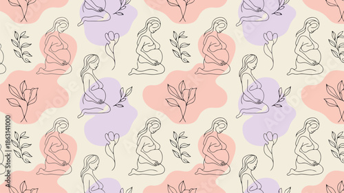 A gentle seamless pattern showing pregnant women outlines with subtle pastel shapes and botanical accents