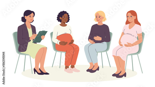 A group of diverse pregnant women attend a prenatal support group session with a female therapist