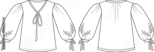 Women blouse technical flat sketch vector illustration front and back view tie neck balloon sleeve embroidery fashion apparel cad drawing