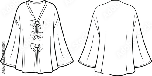 Women blouse technical flat sketch vector illustration front and back view v neck bow detail flared sleeve fashion apparel cad drawing
