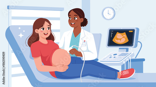 A happy pregnant woman receives an ultrasound checkup from a friendly female doctor in a clinic