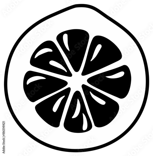 Black and white illustration of a citrus fruit slice