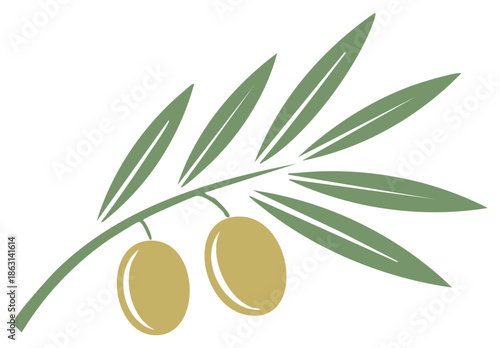 Two Olives Hang from a Green Branch with Leaves, Simple Elegant Mediterranean Olive Branch Vector Graphic with Berries
