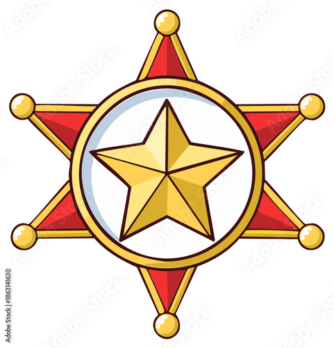Cartoon sheriff badge illustration with gold star and red star points