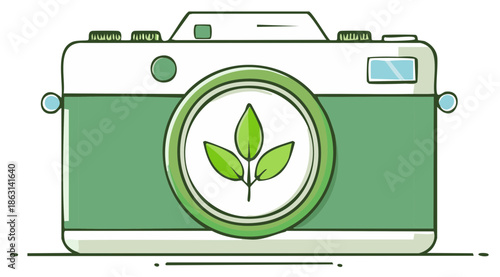 Green camera with plant icon: environmental photography concept