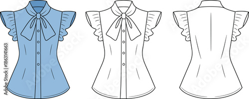 Women blouse technical sketch, sleeveless bow collar shirt front back view, fashion apparel cad drawing flat vector illustration design template