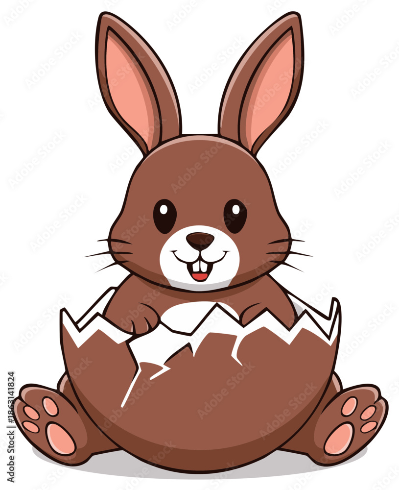 Fototapeta premium Cartoon Easter bunny character emerging from a cracked chocolate egg