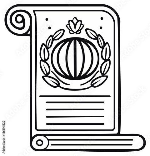 Hand-drawn Scroll with Emblem and Laurel Wreath, Representing Achievement or Award